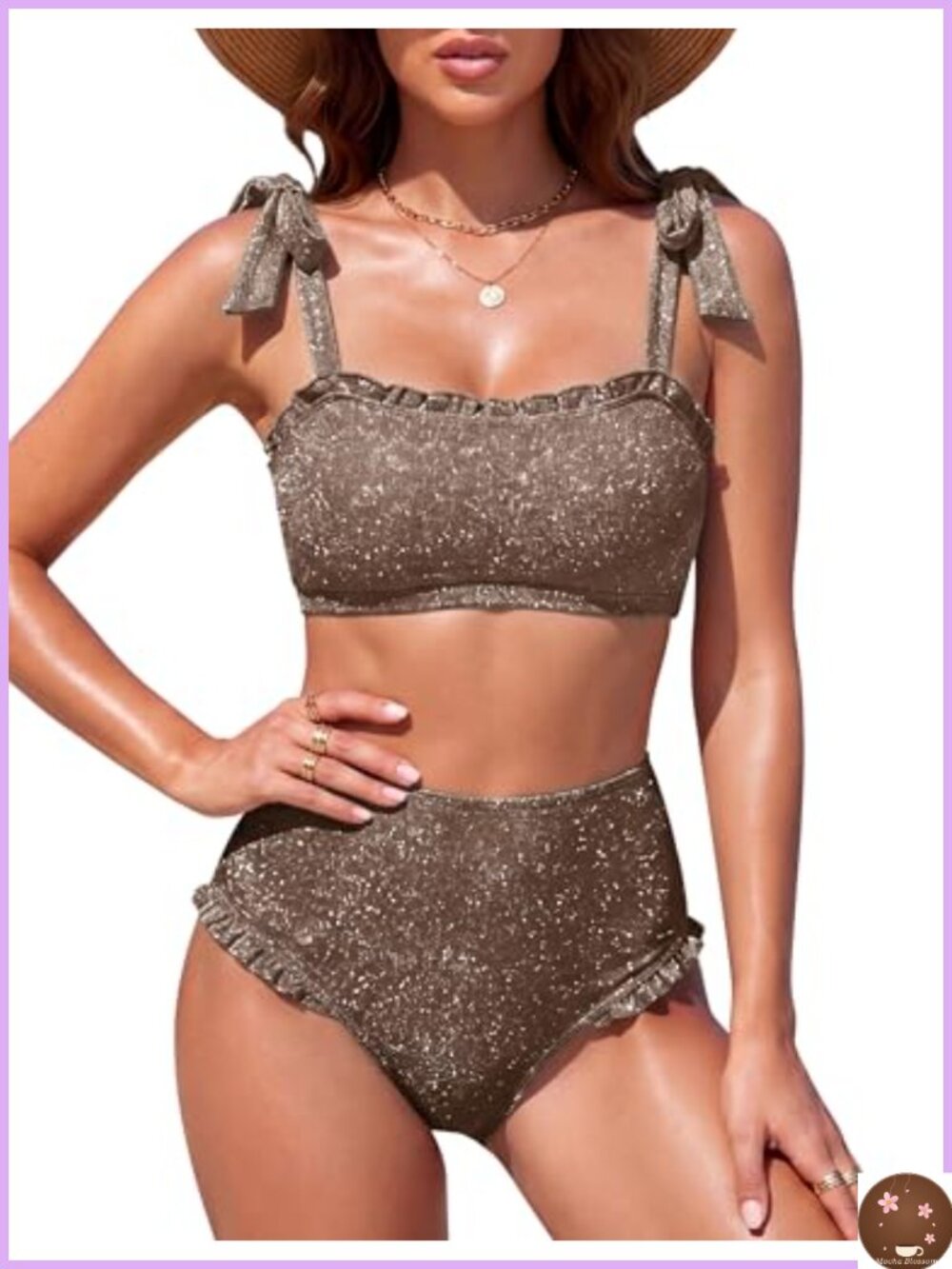 Retro High Waisted Bikini Set with Shimmer Glitter Tummy Control